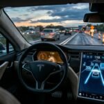 Driver holding steering wheel while car’s lane keeping assist and adaptive cruise control display appear on dashboard — ADAS vs Full Self Driving comparison