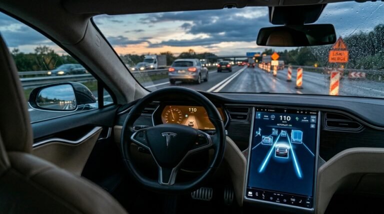 Driver holding steering wheel while car’s lane keeping assist and adaptive cruise control display appear on dashboard — ADAS vs Full Self Driving comparison