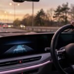 A close-up of a modern car digital dashboard at dusk showing adaptive cruise control and lane assist displays — top 10 smart features in modern cars 2026