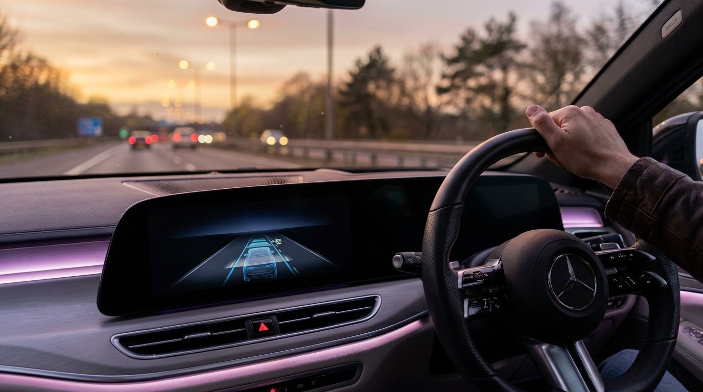 A close-up of a modern car digital dashboard at dusk showing adaptive cruise control and lane assist displays — top 10 smart features in modern cars 2026