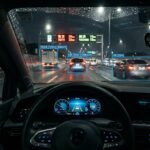 A driver's view of a modern smart car digital cockpit at night, glowing interface and sensor overlays visible through the windshield — smart car technology features 2026