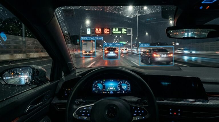 A driver's view of a modern smart car digital cockpit at night, glowing interface and sensor overlays visible through the windshield — smart car technology features 2026