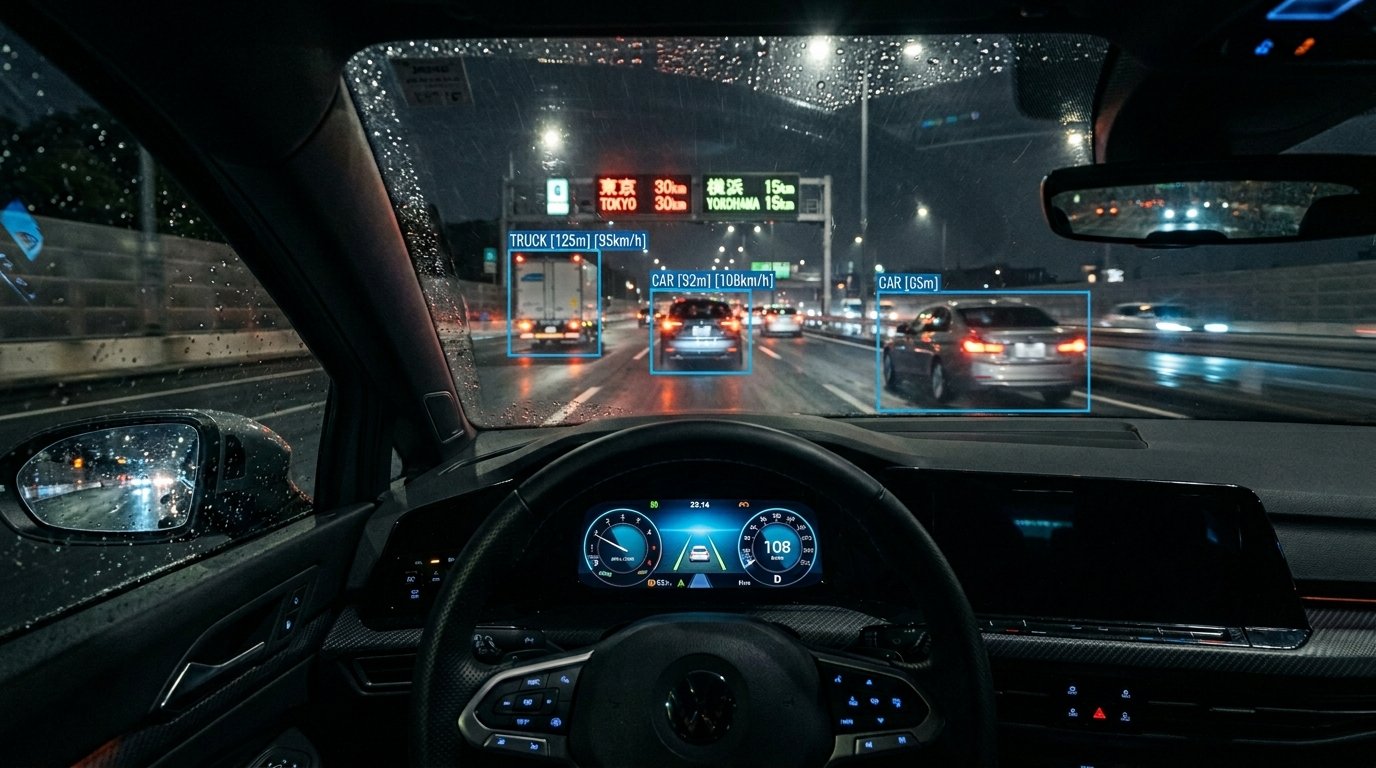 A driver's view of a modern smart car digital cockpit at night, glowing interface and sensor overlays visible through the windshield — smart car technology features 2026