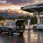 Modern family-friendly electric SUVs parked near fast chargers during a 2026 road trip