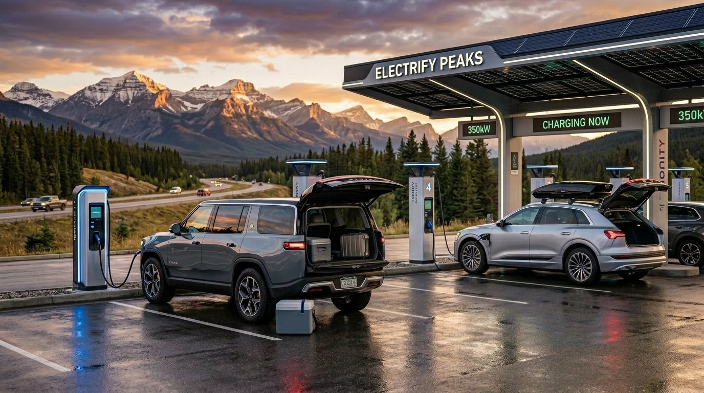 Modern family-friendly electric SUVs parked near fast chargers during a 2026 road trip