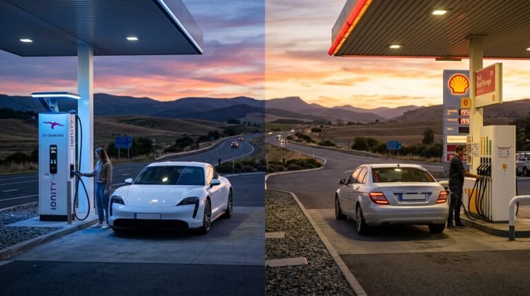 A modern electric car and a petrol car parked side by side on an open highway at golden hour, representing the EV vs petrol debate in 2026