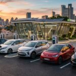 Affordable 2026 electric cars parked together at a modern charging station during sunset