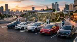Affordable 2026 electric cars parked together at a modern charging station during sunset