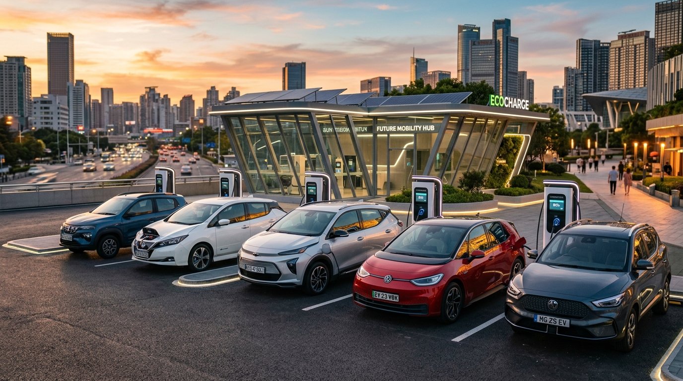 Affordable 2026 electric cars parked together at a modern charging station during sunset