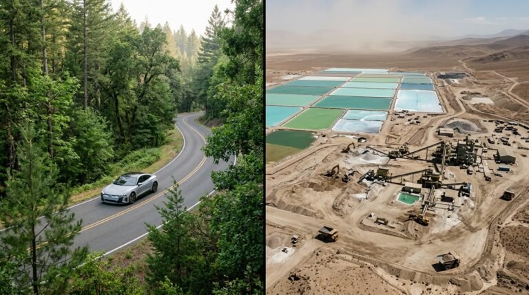 A split-scene showing a clean electric car on one side and industrial battery manufacturing on the other, representing the full eco-friendly analysis of electric vehicles