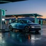 A sleek electric car charging at a modern fast-charging station at night, with glowing blue light reflecting off the wet ground — best electric cars 2026