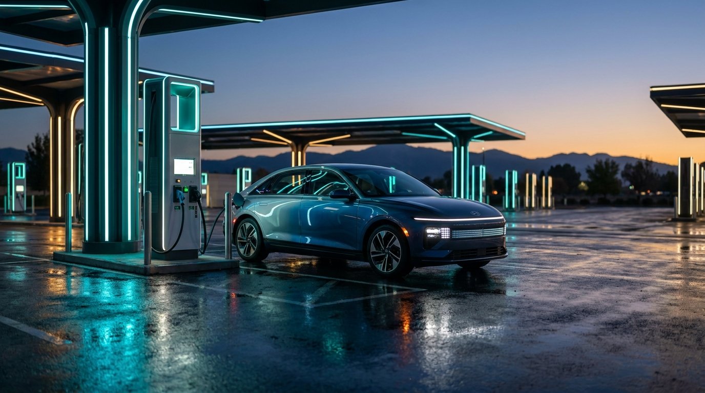 A sleek electric car charging at a modern fast-charging station at night, with glowing blue light reflecting off the wet ground — best electric cars 2026