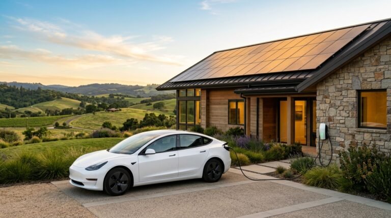 A modern electric car parked beside a house with rooftop solar panels, connected to a home charger under warm golden-hour light, illustrating the renewable energy and EV combination