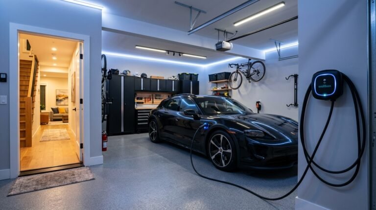 Electric car charging at home with a wall-mounted Level 2 EV charger