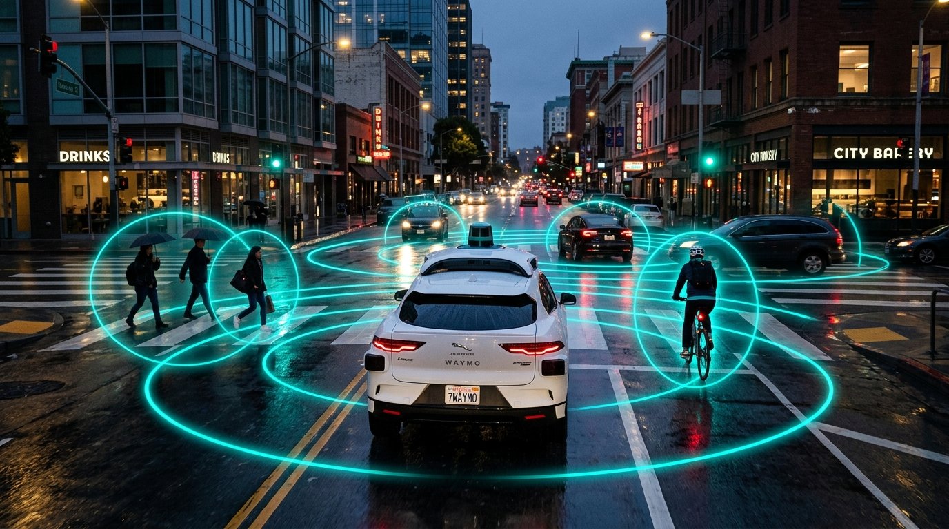A Waymo autonomous vehicle driving through a city intersection at night with sensor visualization overlay showing detected objects