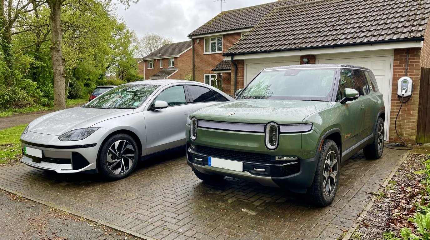 Comparison of the best electric cars 2026 in UK, including the Hyundai Ioniq 6 and Rivian R3S, parked at a UK charging hub.