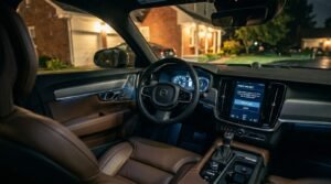 Car dashboard showing software update notification on screen with owner looking at it from driver seat at night