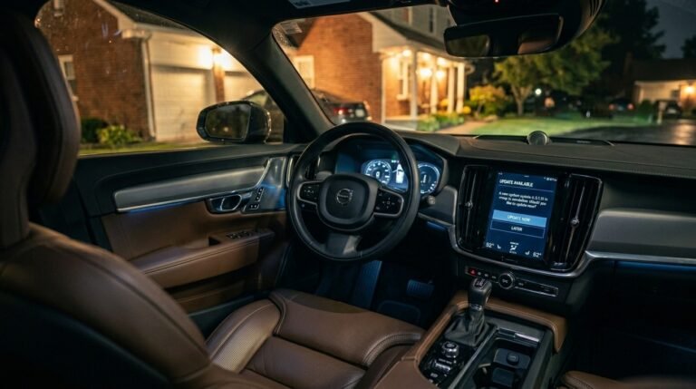 Car dashboard showing software update notification on screen with owner looking at it from driver seat at night