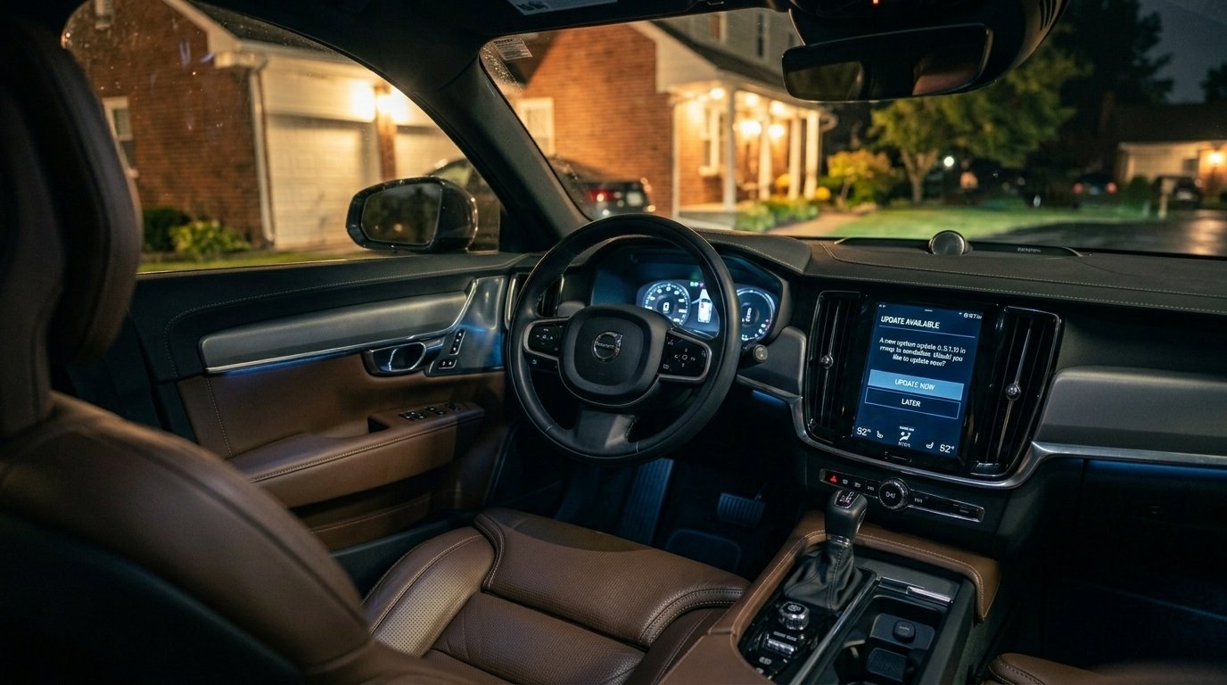 Car dashboard showing software update notification on screen with owner looking at it from driver seat at night