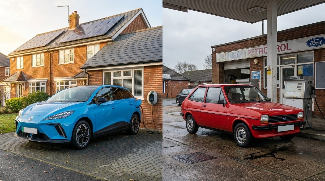 A split view showing an electric car charging at a UK home and a petrol car at a UK filling station.