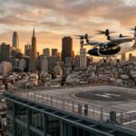 A sleek white electric air taxi rising silently from a city rooftop vertiport at golden hour, downtown skyline behind it — flying cars eVTOL 2026