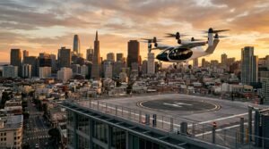 A sleek white electric air taxi rising silently from a city rooftop vertiport at golden hour, downtown skyline behind it — flying cars eVTOL 2026