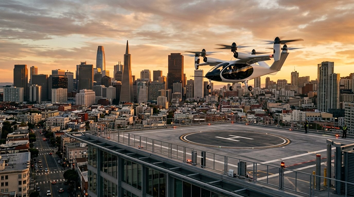 A sleek white electric air taxi rising silently from a city rooftop vertiport at golden hour, downtown skyline behind it — flying cars eVTOL 2026