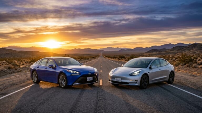 A sleek hydrogen fuel cell car and an electric vehicle side by side on an open road at sunset, representing the future of clean transportation