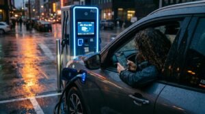 EV charging stations near me at night with car plugged in