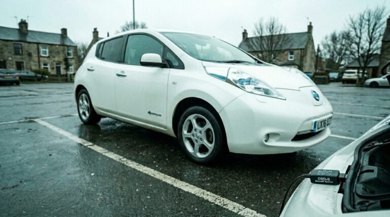 A second-hand electric car listing on a smartphone screen beside a charging cable plugged into a white Nissan Leaf