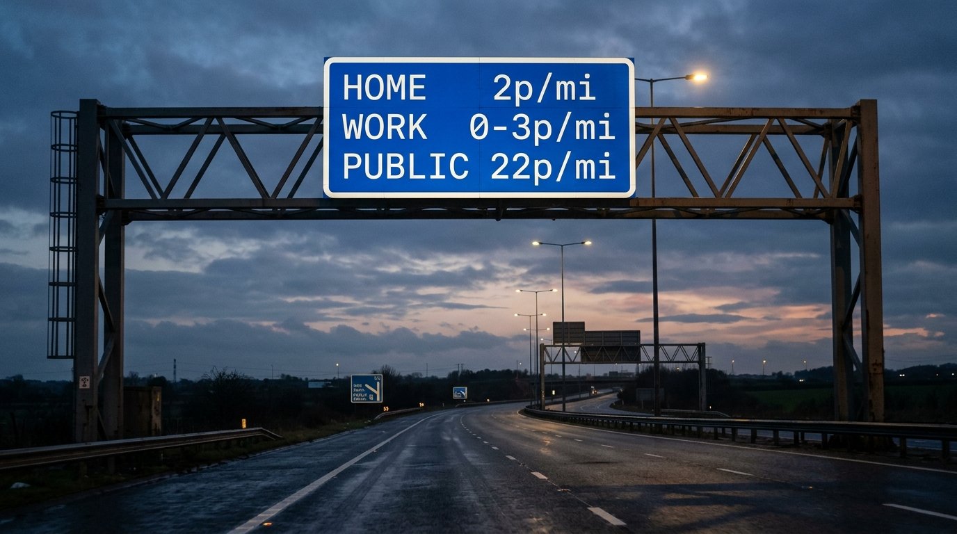cheapest way to charge an EV in the UK — motorway sign comparing home, work, and public charging costs